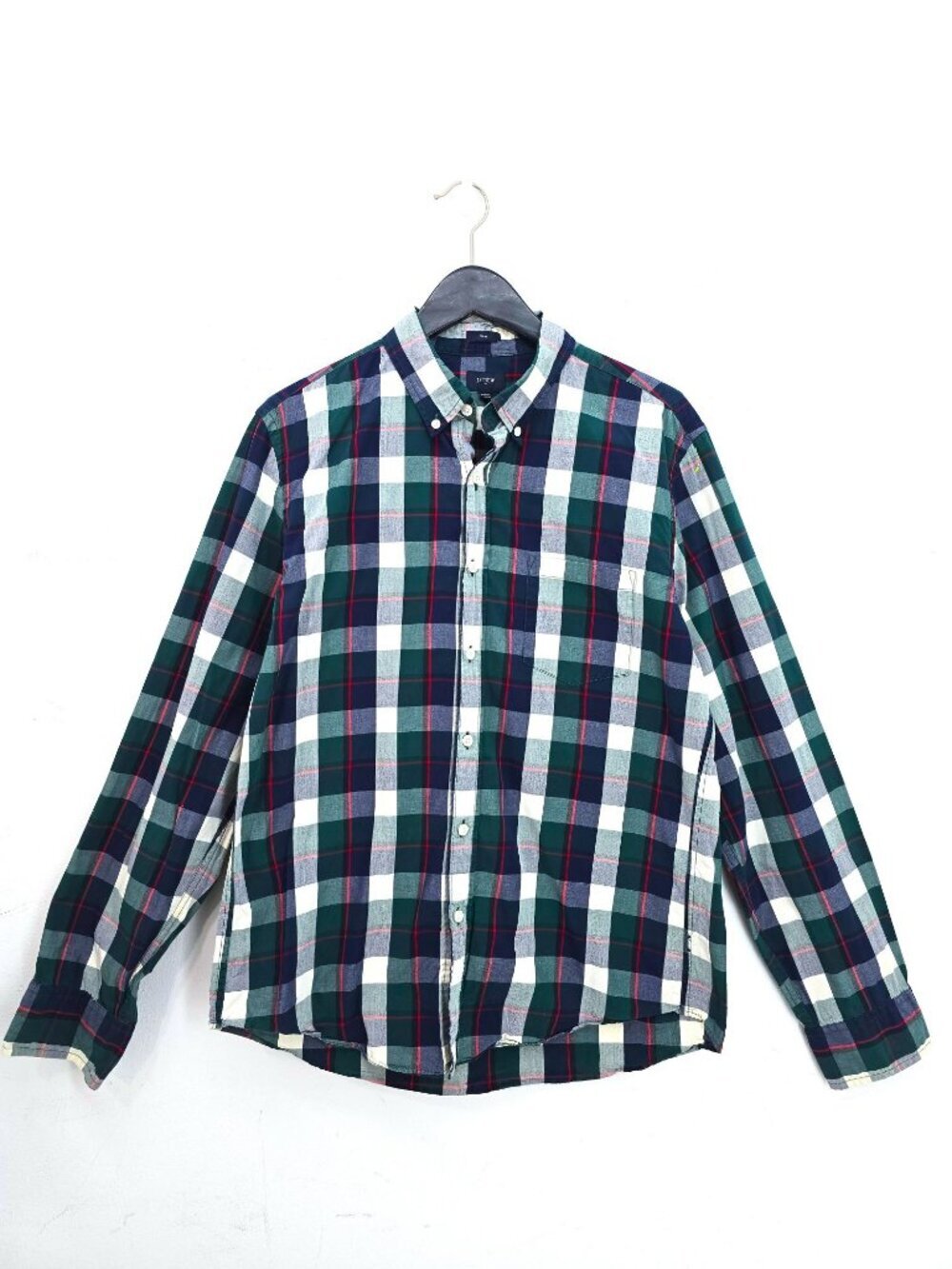 J. Crew Slim Green Blue Plaid Button Down Shirt Men's Size Large Cotton